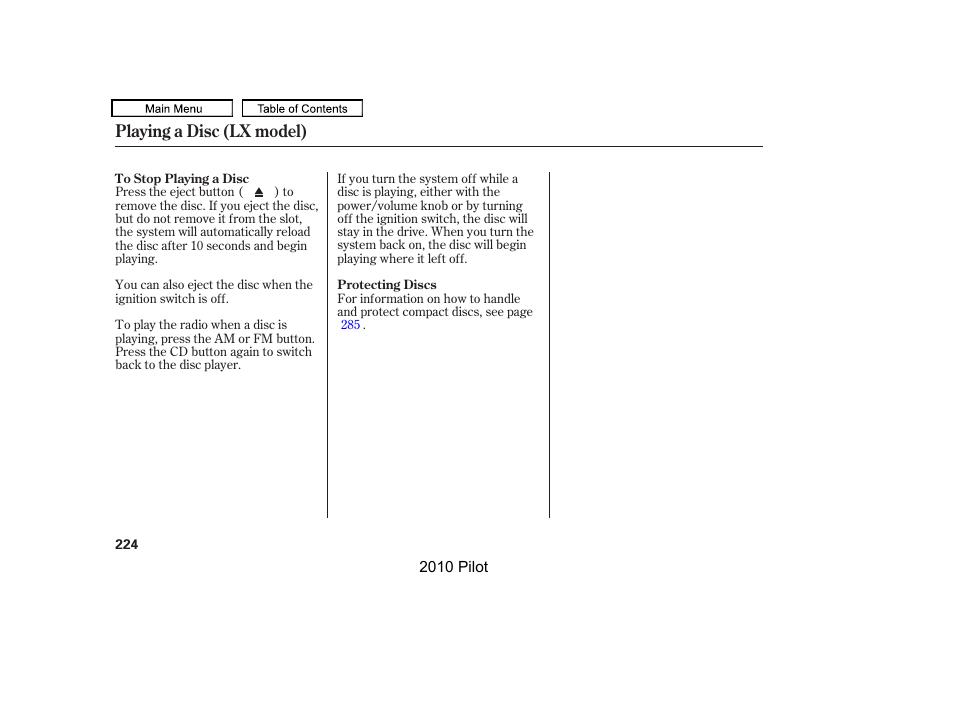 Playing a disc (lx model) | HONDA 2010 Pilot User Manual | Page 228 / 575