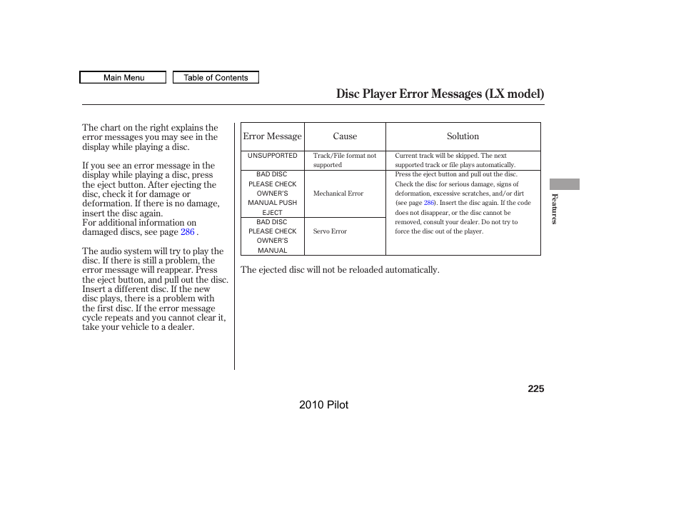 Disc player error messages (lx model), 2010 pilot | HONDA 2010 Pilot User Manual | Page 229 / 575