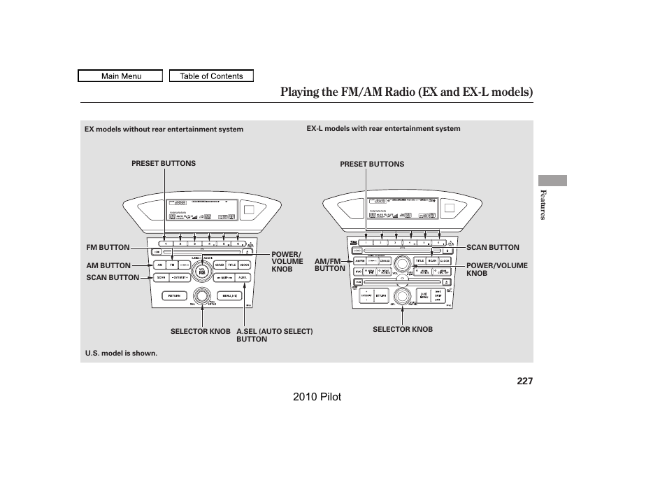 Playing the fm/am radio (ex and ex-l models), 2010 pilot | HONDA 2010 Pilot User Manual | Page 231 / 575