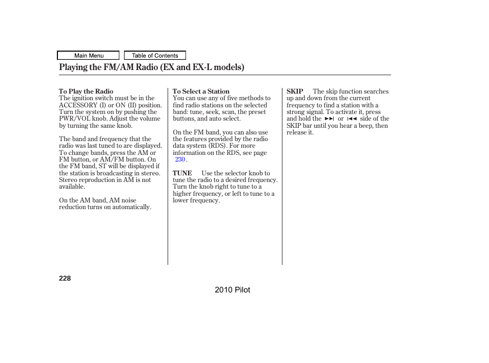 Playing the fm/am radio (ex and ex-l models) | HONDA 2010 Pilot User Manual | Page 232 / 575