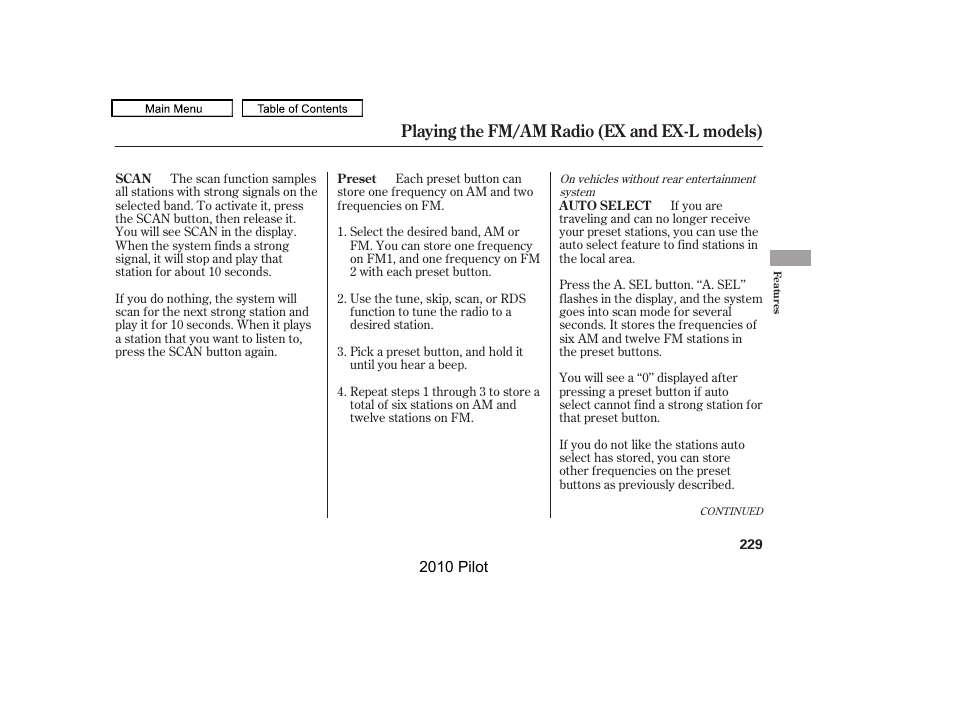 Playing the fm/am radio (ex and ex-l models) | HONDA 2010 Pilot User Manual | Page 233 / 575