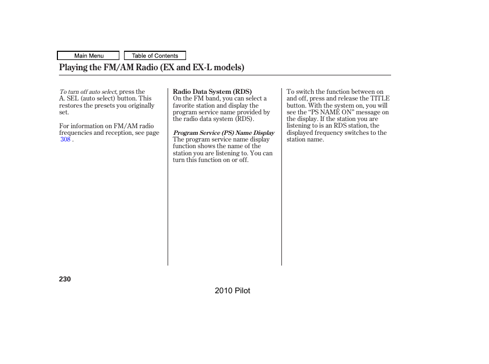 Playing the fm/am radio (ex and ex-l models) | HONDA 2010 Pilot User Manual | Page 234 / 575