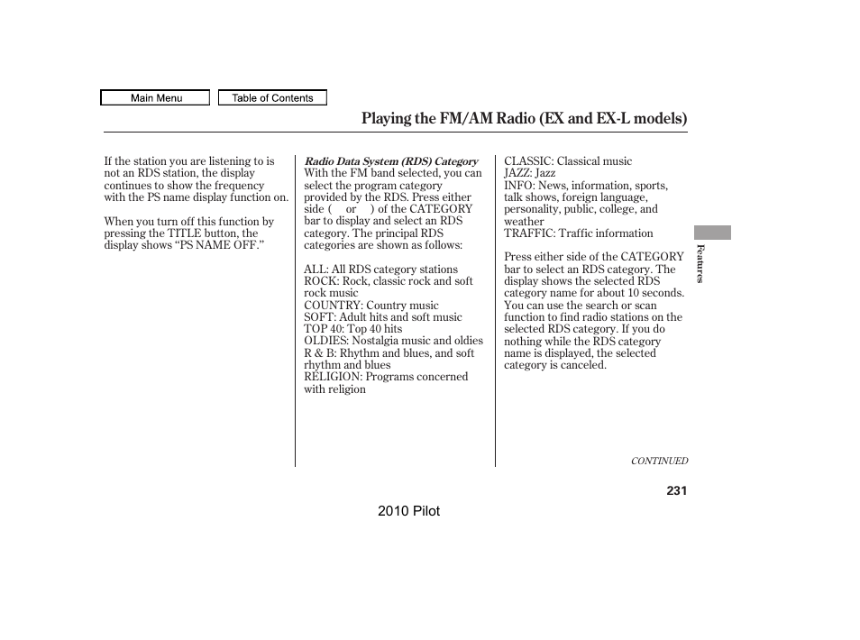 Playing the fm/am radio (ex and ex-l models) | HONDA 2010 Pilot User Manual | Page 235 / 575