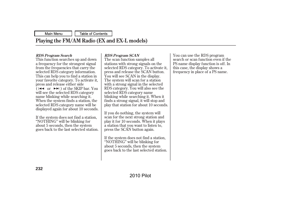 Playing the fm/am radio (ex and ex-l models) | HONDA 2010 Pilot User Manual | Page 236 / 575