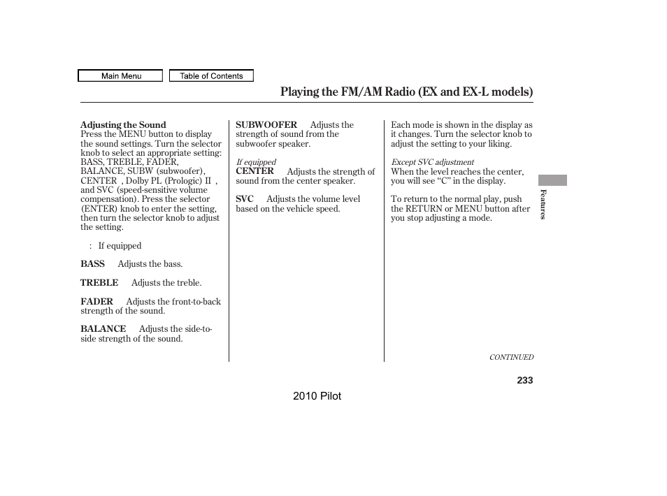 Playing the fm/am radio (ex and ex-l models) | HONDA 2010 Pilot User Manual | Page 237 / 575