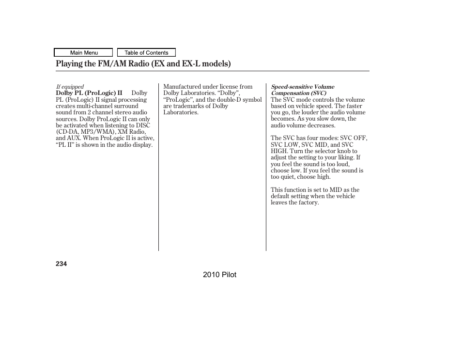 Playing the fm/am radio (ex and ex-l models) | HONDA 2010 Pilot User Manual | Page 238 / 575