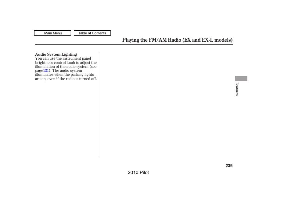 Playing the fm/am radio (ex and ex-l models) | HONDA 2010 Pilot User Manual | Page 239 / 575