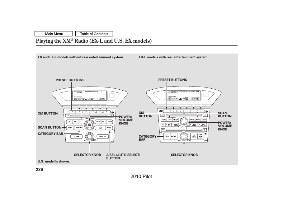 Playing the xm radio (ex-l and u.s. ex models), 2010 pilot | HONDA 2010 Pilot User Manual | Page 240 / 575