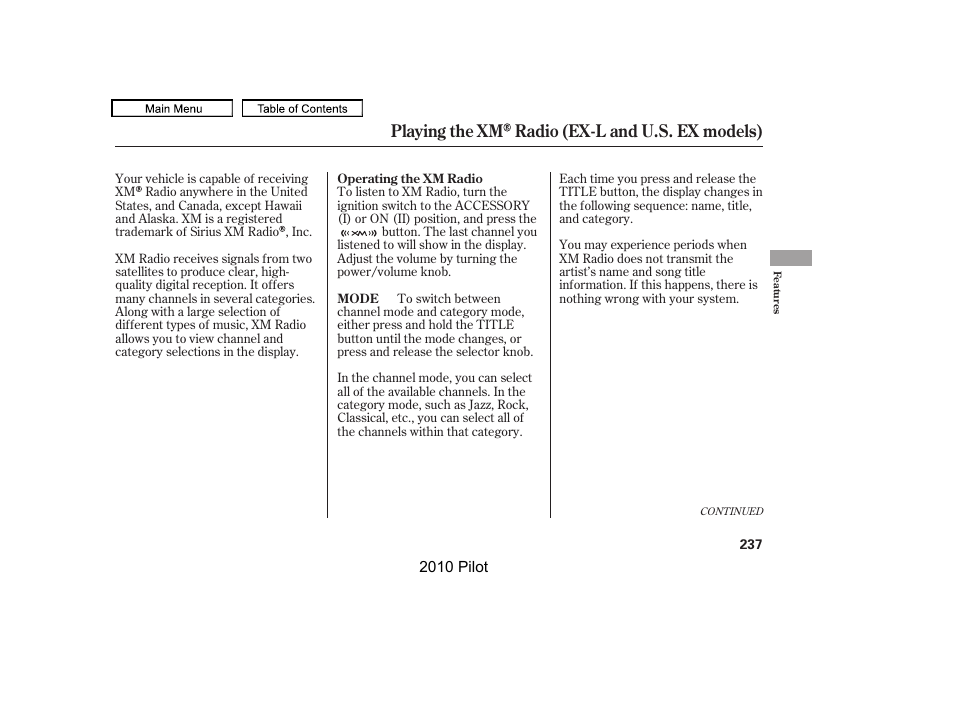 Playing the xm radio (ex-l and u.s. ex models) | HONDA 2010 Pilot User Manual | Page 241 / 575