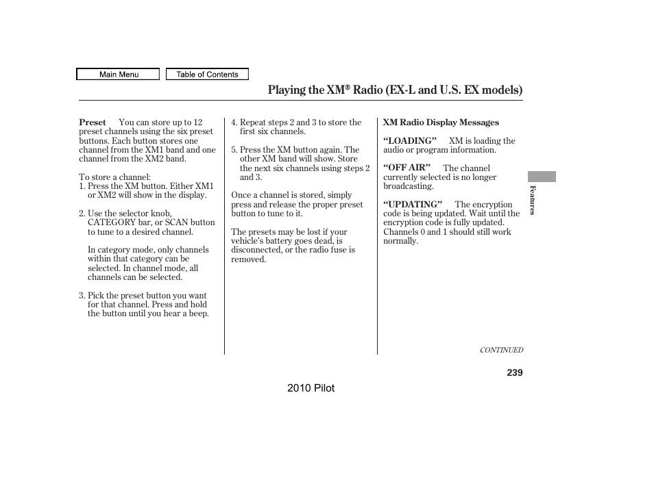 Playing the xm radio (ex-l and u.s. ex models) | HONDA 2010 Pilot User Manual | Page 243 / 575