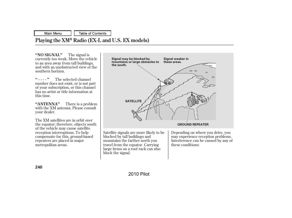 Playing the xm radio (ex-l and u.s. ex models) | HONDA 2010 Pilot User Manual | Page 244 / 575