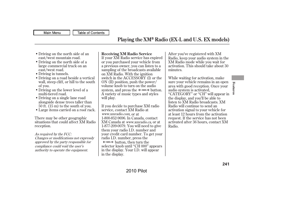 Playing the xm radio (ex-l and u.s. ex models) | HONDA 2010 Pilot User Manual | Page 245 / 575