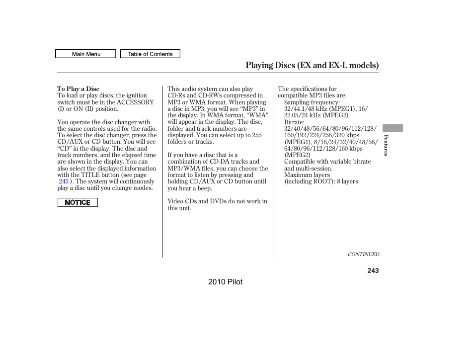 Playing discs (ex and ex-l models) | HONDA 2010 Pilot User Manual | Page 247 / 575