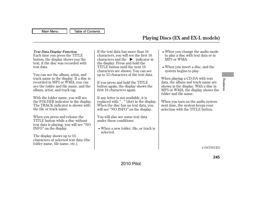 Playing discs (ex and ex-l models) | HONDA 2010 Pilot User Manual | Page 249 / 575