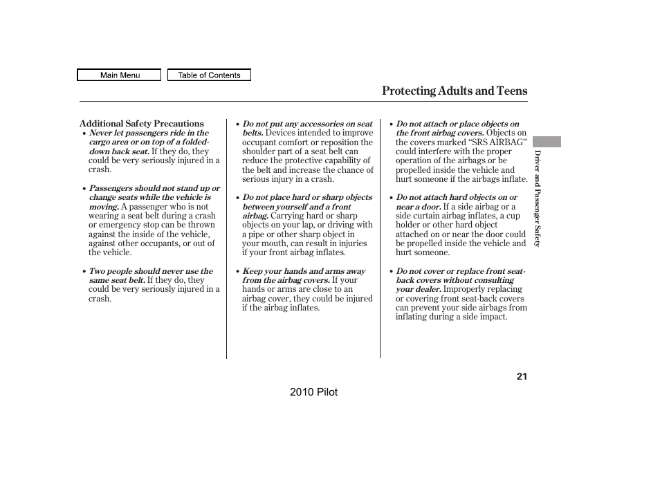 Protecting adults and teens | HONDA 2010 Pilot User Manual | Page 25 / 575