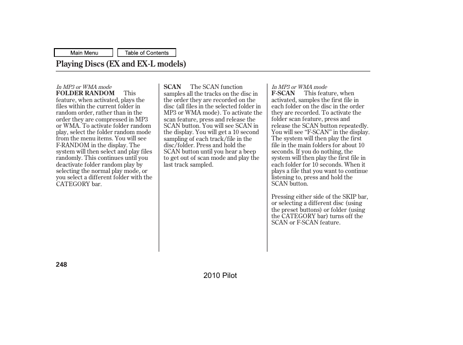 Playing discs (ex and ex-l models) | HONDA 2010 Pilot User Manual | Page 252 / 575