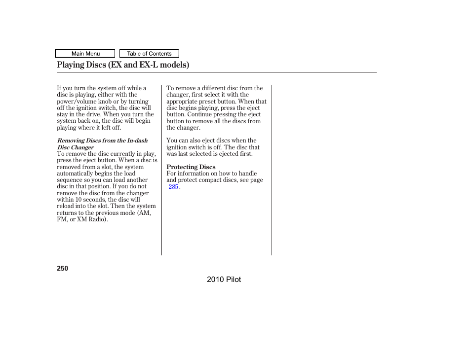 Playing discs (ex and ex-l models) | HONDA 2010 Pilot User Manual | Page 254 / 575