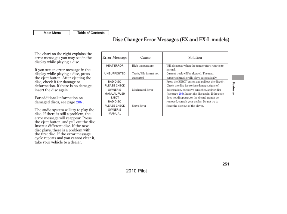 Disc changer error messages (ex and ex-l models), 2010 pilot | HONDA 2010 Pilot User Manual | Page 255 / 575