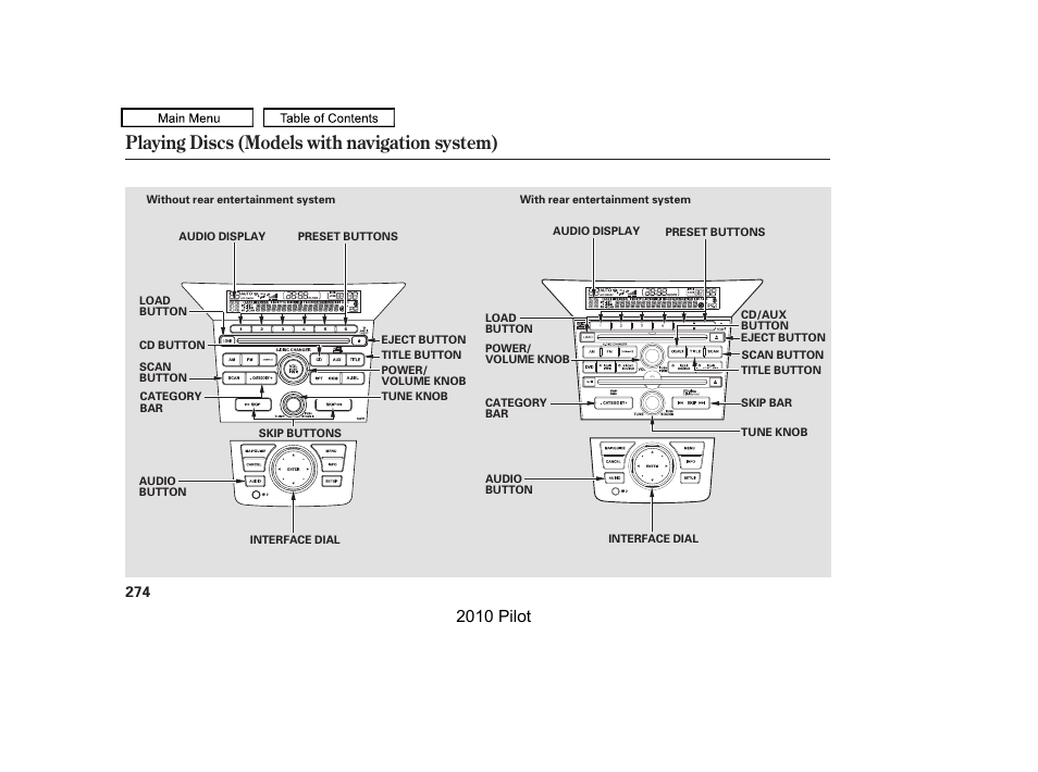 Playing discs (models with navigation system), 2010 pilot | HONDA 2010 Pilot User Manual | Page 278 / 575