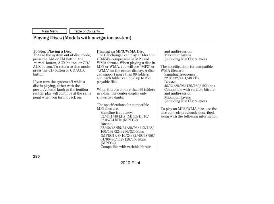 Playing discs (models with navigation system) | HONDA 2010 Pilot User Manual | Page 284 / 575