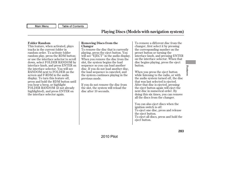 Playing discs (models with navigation system) | HONDA 2010 Pilot User Manual | Page 287 / 575