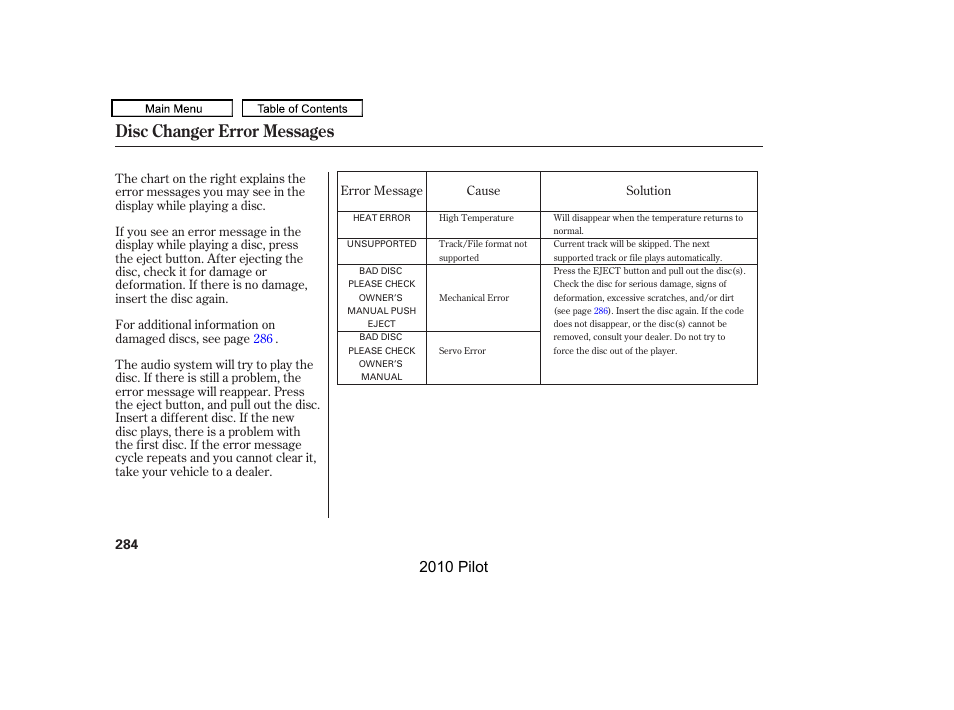 Disc changer error messages, 2010 pilot | HONDA 2010 Pilot User Manual | Page 288 / 575