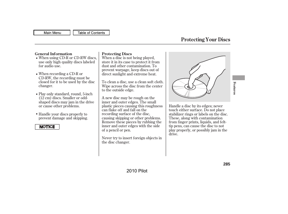 Protecting your discs | HONDA 2010 Pilot User Manual | Page 289 / 575