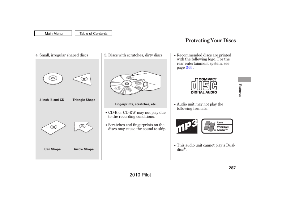 Protecting your discs | HONDA 2010 Pilot User Manual | Page 291 / 575