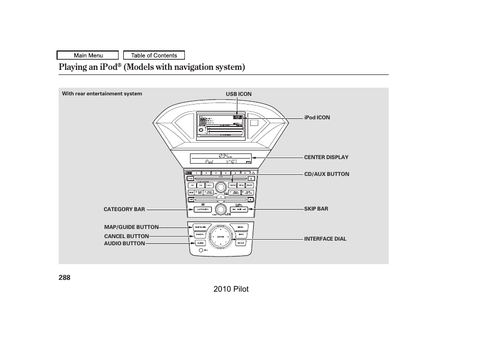 Playing an ipod (models with navigation system), 2010 pilot | HONDA 2010 Pilot User Manual | Page 292 / 575