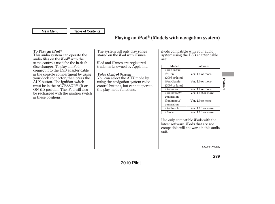 Playing an ipod (models with navigation system), 2010 pilot | HONDA 2010 Pilot User Manual | Page 293 / 575