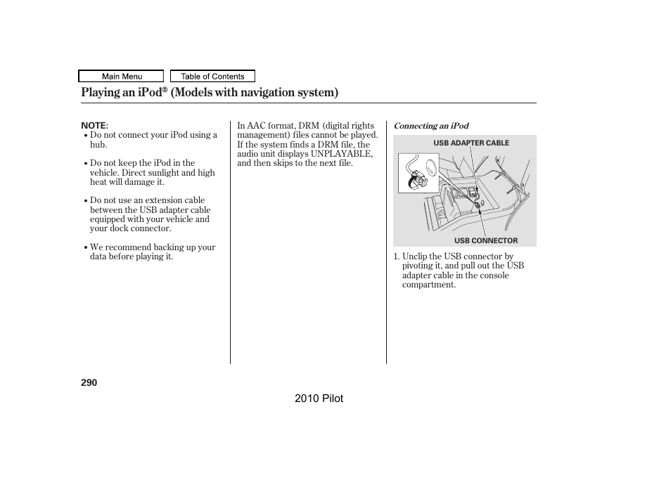 Playing an ipod (models with navigation system) | HONDA 2010 Pilot User Manual | Page 294 / 575