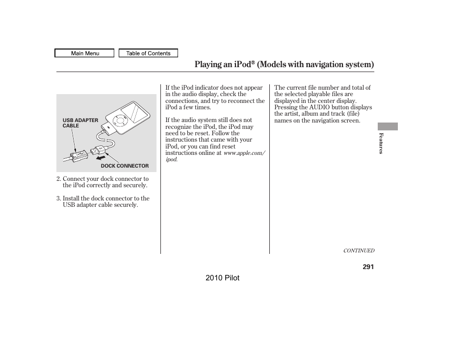 Playing an ipod (models with navigation system) | HONDA 2010 Pilot User Manual | Page 295 / 575