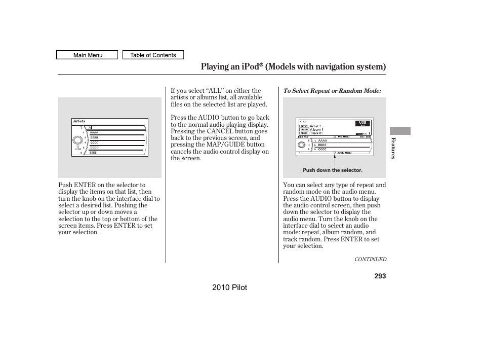 Playing an ipod (models with navigation system) | HONDA 2010 Pilot User Manual | Page 297 / 575