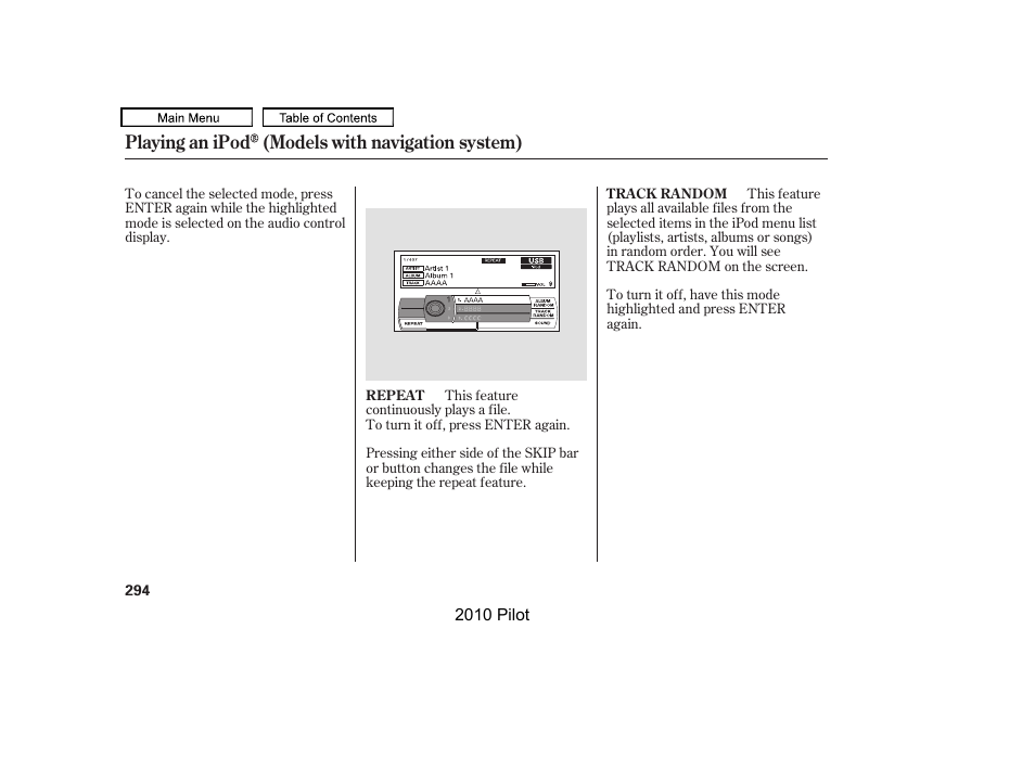 Playing an ipod (models with navigation system) | HONDA 2010 Pilot User Manual | Page 298 / 575