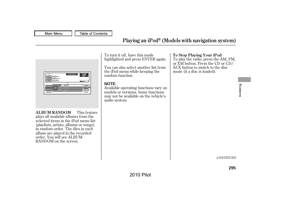 Playing an ipod (models with navigation system) | HONDA 2010 Pilot User Manual | Page 299 / 575