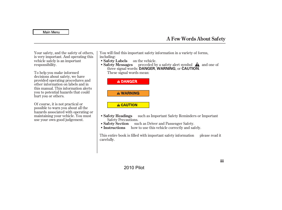 A few words about safety | HONDA 2010 Pilot User Manual | Page 3 / 575