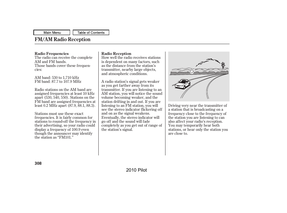 Fm/am radio reception | HONDA 2010 Pilot User Manual | Page 312 / 575