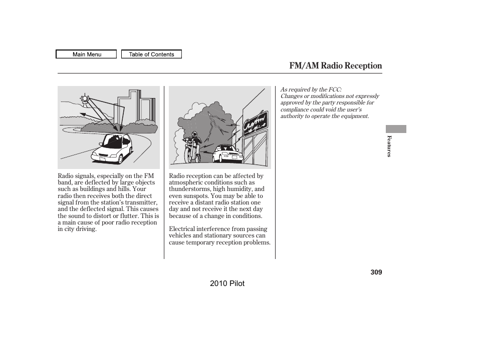 Fm/am radio reception | HONDA 2010 Pilot User Manual | Page 313 / 575