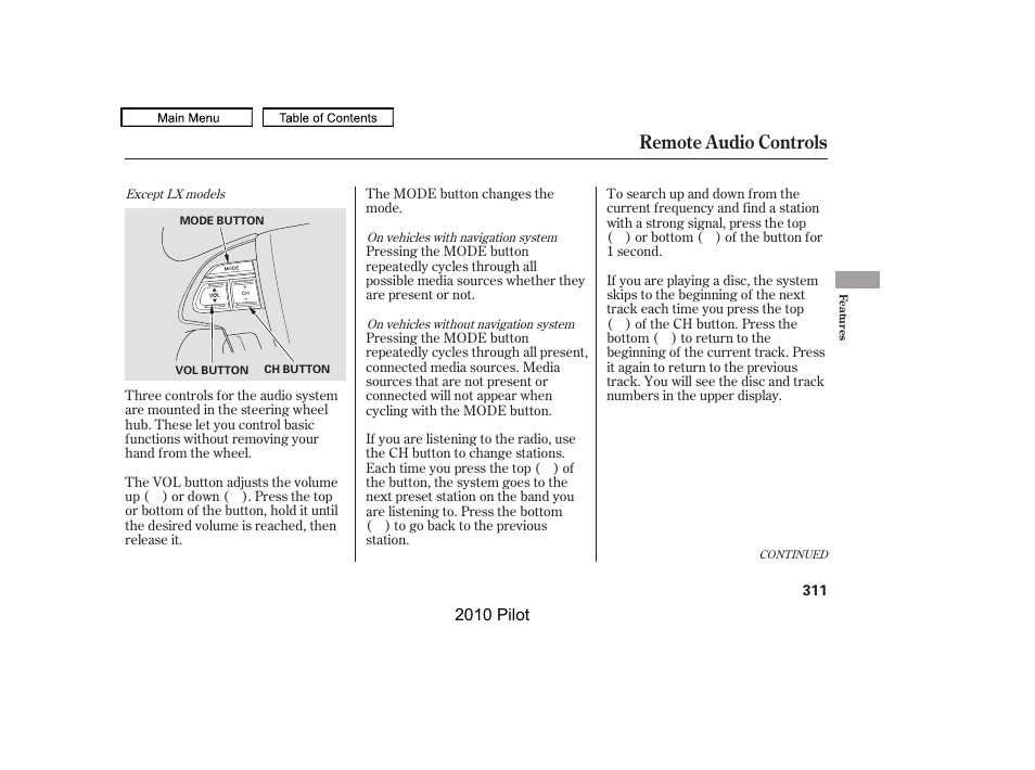 Remote audio controls | HONDA 2010 Pilot User Manual | Page 315 / 575