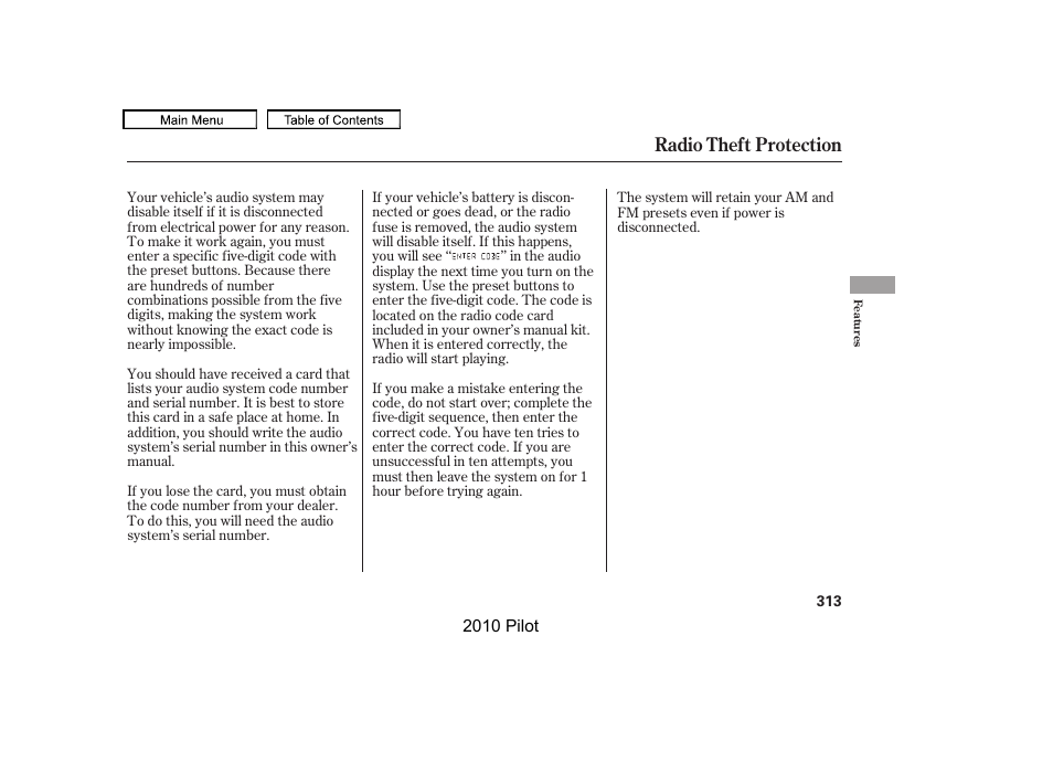 Radio theft protection | HONDA 2010 Pilot User Manual | Page 317 / 575