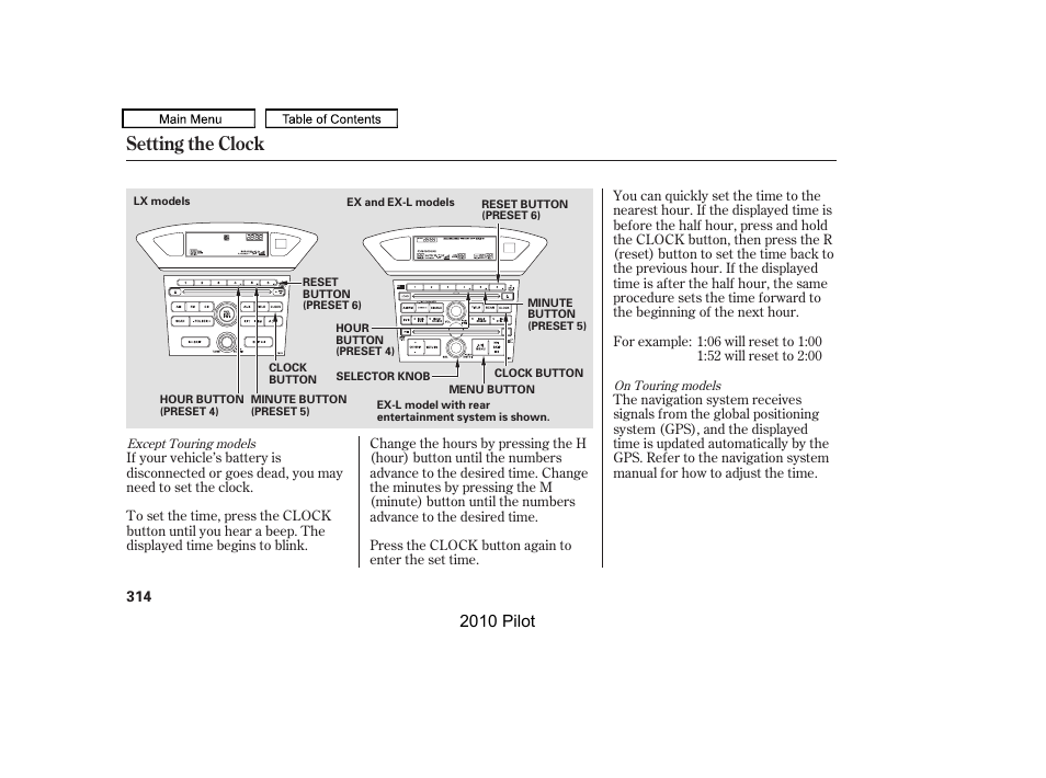 Setting the clock, 2010 pilot | HONDA 2010 Pilot User Manual | Page 318 / 575