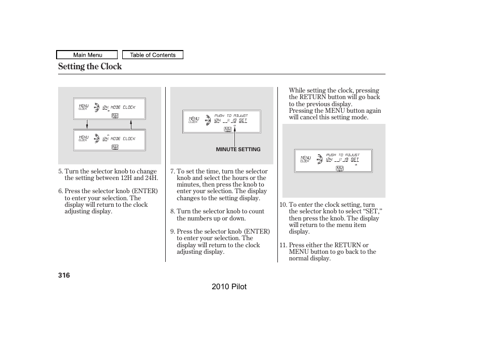 Setting the clock | HONDA 2010 Pilot User Manual | Page 320 / 575