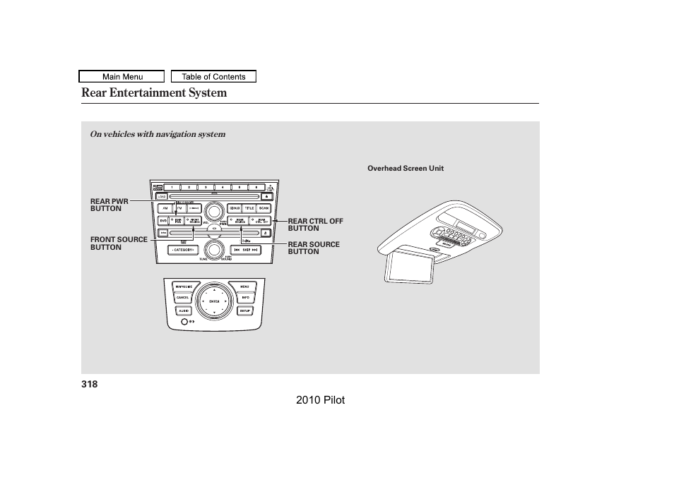 Rear entertainment system | HONDA 2010 Pilot User Manual | Page 322 / 575