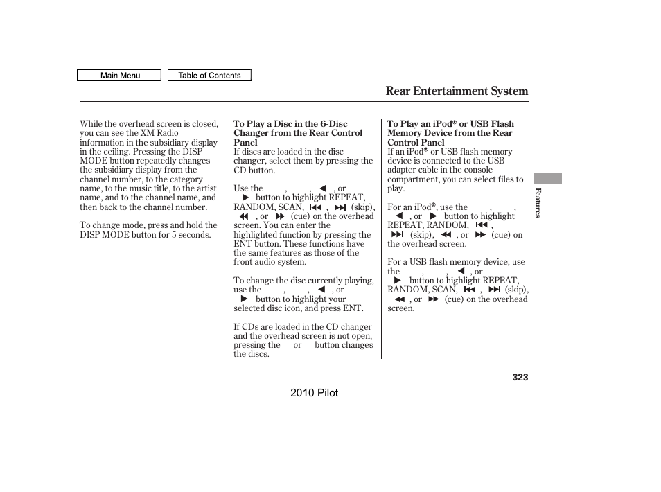 Rear entertainment system | HONDA 2010 Pilot User Manual | Page 327 / 575