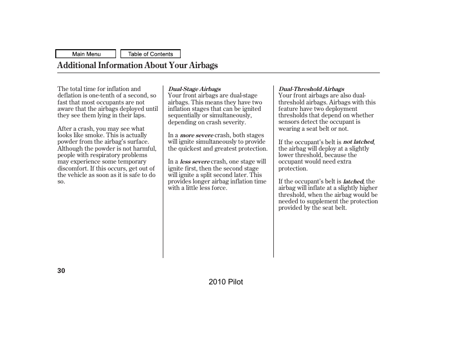 Additional information about your airbags | HONDA 2010 Pilot User Manual | Page 34 / 575