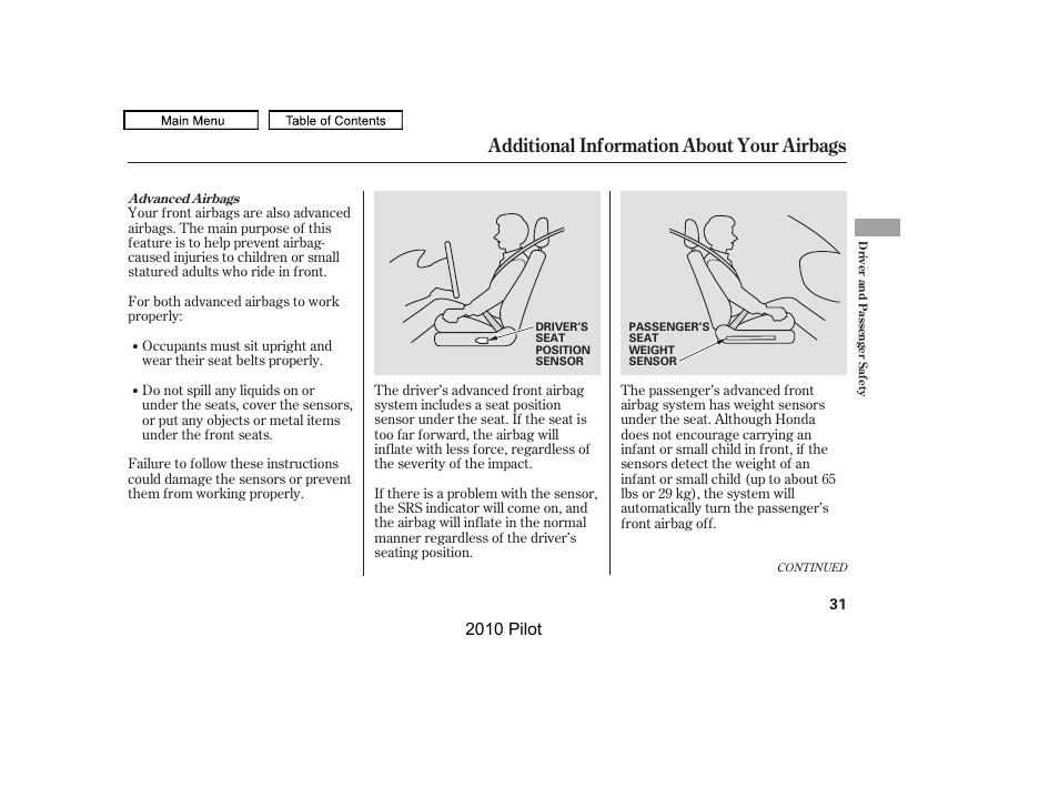 Additional information about your airbags, 2010 pilot | HONDA 2010 Pilot User Manual | Page 35 / 575