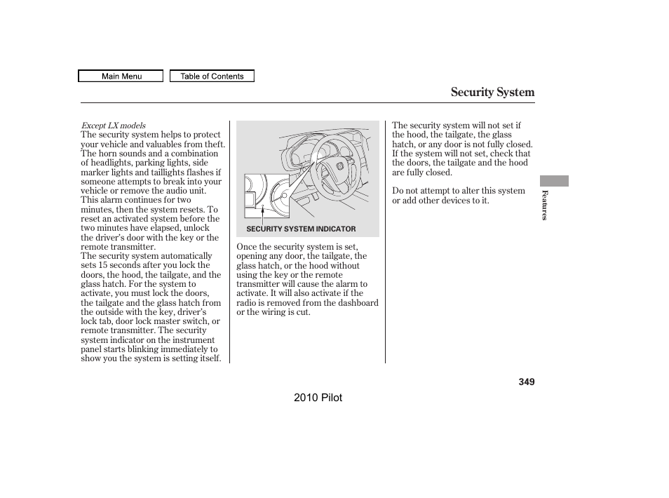 Security system | HONDA 2010 Pilot User Manual | Page 353 / 575