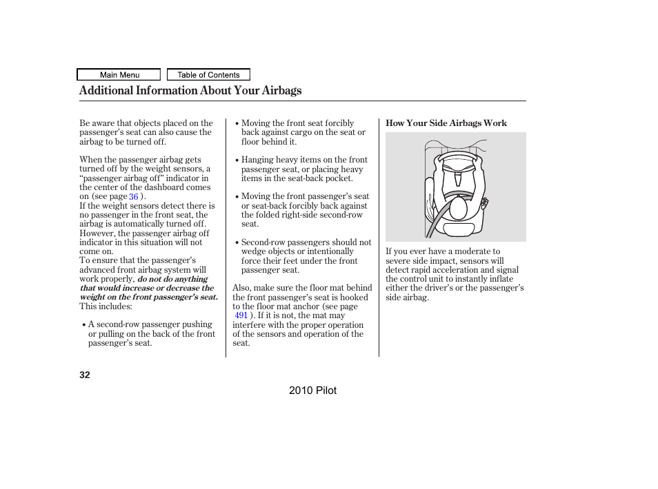 Additional information about your airbags | HONDA 2010 Pilot User Manual | Page 36 / 575