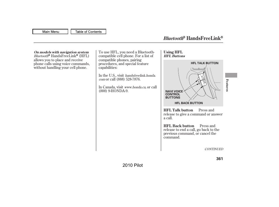 Handsfreelink, Bluetooth | HONDA 2010 Pilot User Manual | Page 365 / 575