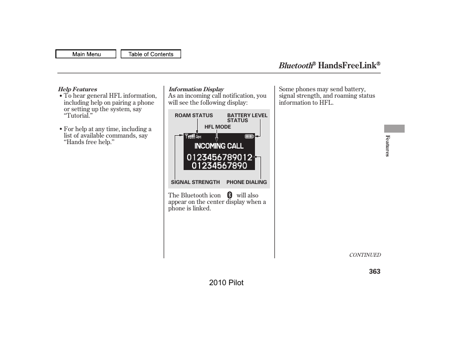 Handsfreelink, Bluetooth | HONDA 2010 Pilot User Manual | Page 367 / 575